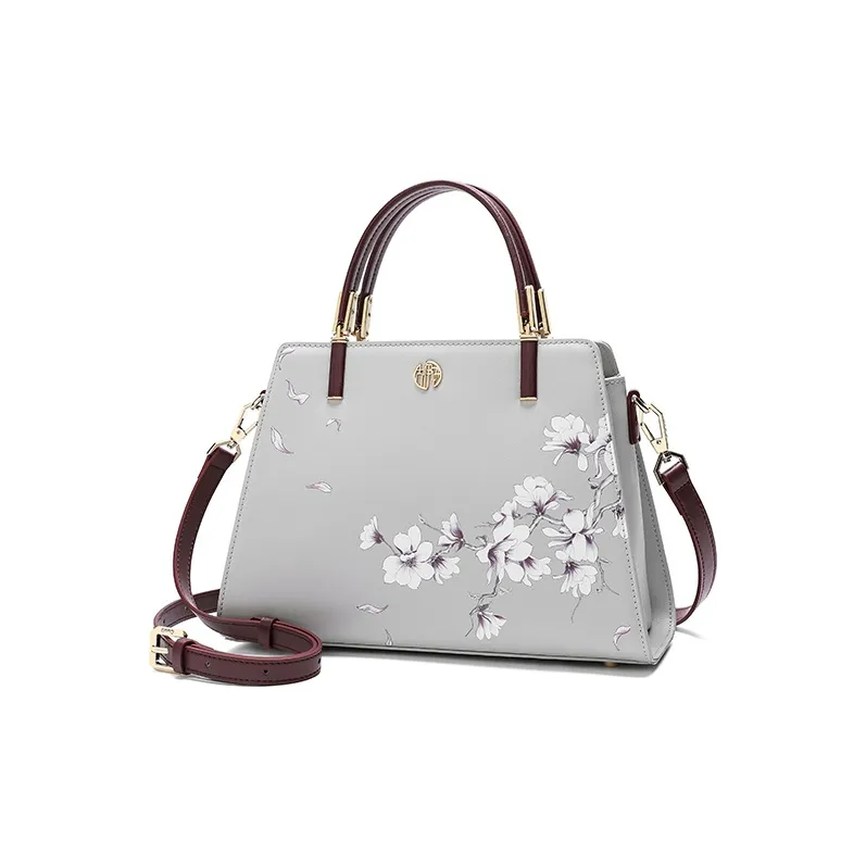 Ancient Yi Xi Cow Leather Elegant Mom Bag, Crossbody, One Shoulder Handbag Medium Size Women's Light Gray-1