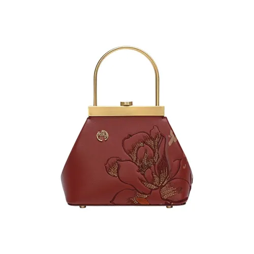 Ancient Yi Xi Cow Leather Floral Embroidered Cheongsam Handbag Small Size Women's Maroon