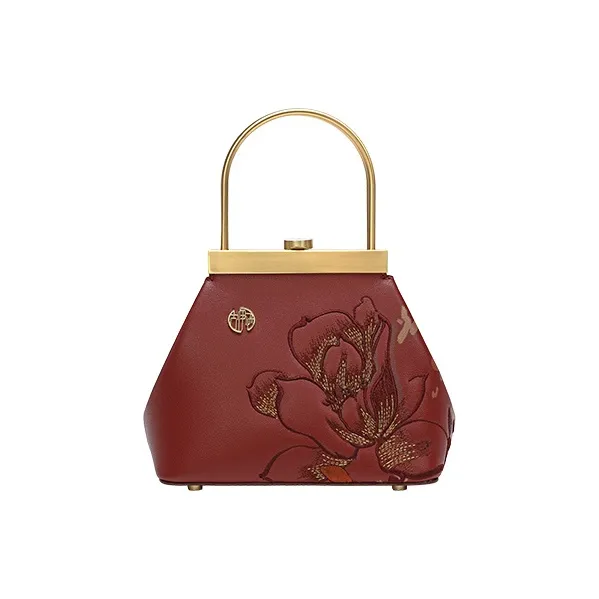 Ancient Yi Xi Cow Leather Floral Embroidered Cheongsam Handbag Small Size Women's Maroon-0