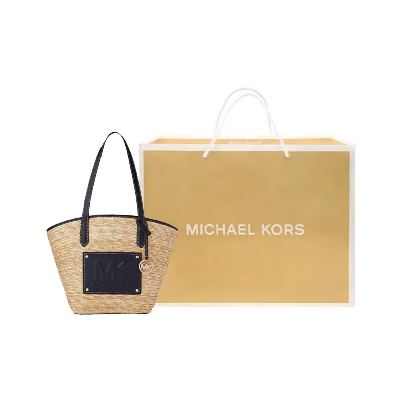 MICHAEL KORS Kimberly Artificial Leather Tote Bag, Shopping Bag, Shoulder Bag Large Size Women's Straw & Black-12