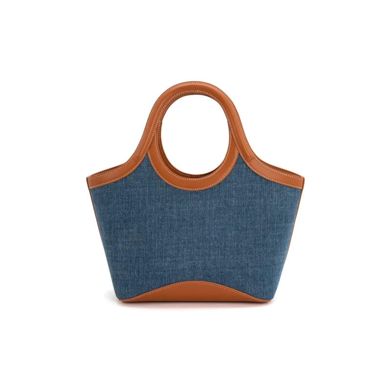 Clos Top Grain Cow Leather Patchwork Denim Color Blocking Commute Tote Shoulder Handbag Small Size Unisex Denim Blue-1