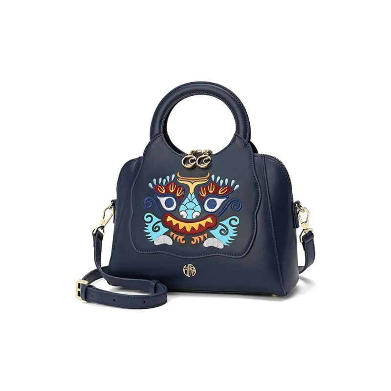 Ancient Yi Xi Cow Leather Dome Bag, One Shoulder Handbag Women's Indigo-1