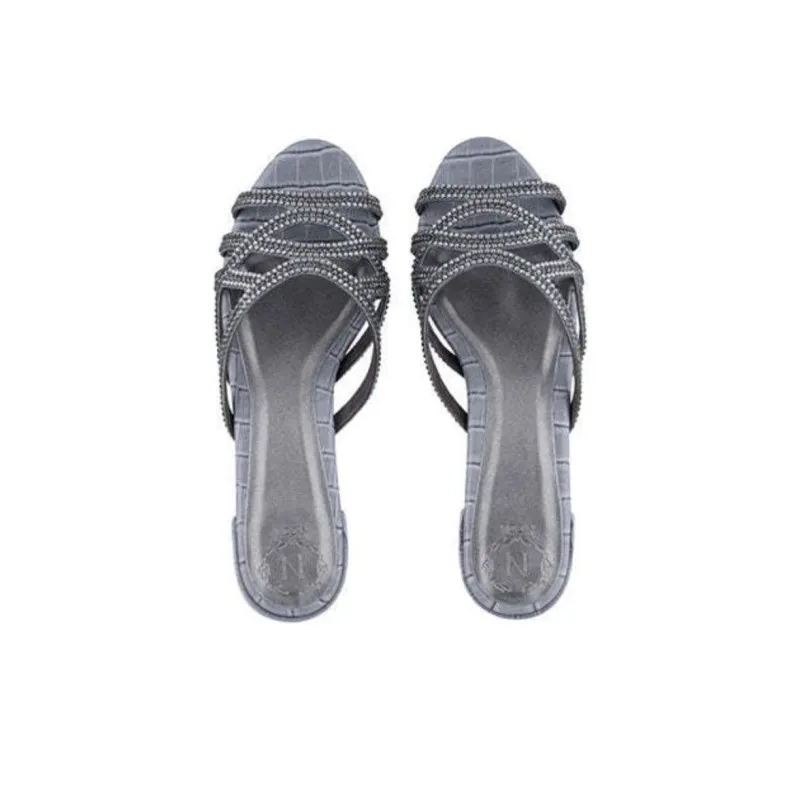 NICOLI Crystal Slide Slippers 4cm Women's Dark Gray-4