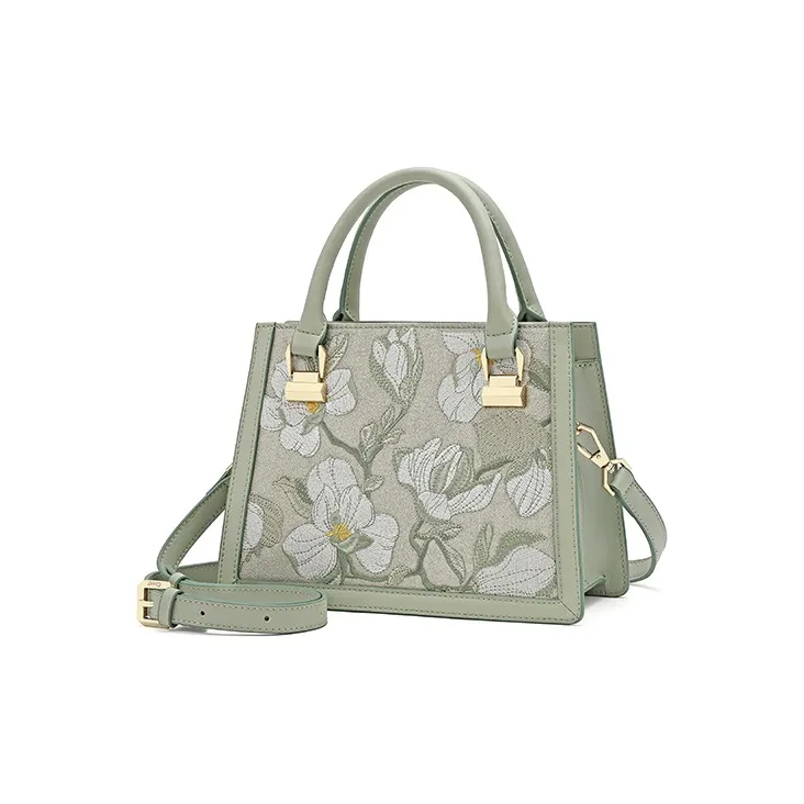 Ancient Yi Xi Cow Leather Middle Aged Mom Bag, Cheongsam Shoulder Bag Medium Size Women's Willow Sprout Green-1