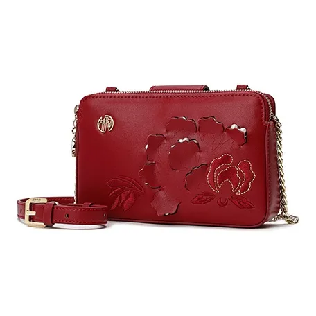 Ancient Yi Xi Cow Leather Cheongsam Crossbody Bag Women's Rogue Red-1