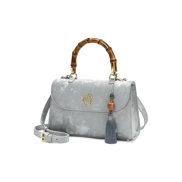 Ancient Yi Xi Cow Leather Niche Suede Cheongsam Shoulder Bag, Crossbody Bag, Handbag Women's Frost Silver-1