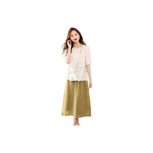 IVENI Two Piece Skirt Sets Women's Top White Bottom Yellow