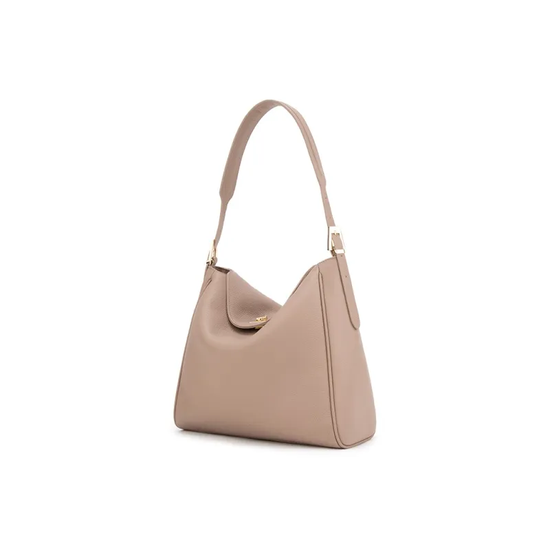 ELLE Top Grain Cow Leather Shoulder Bag Large Size Women's Light Gray/Black-1