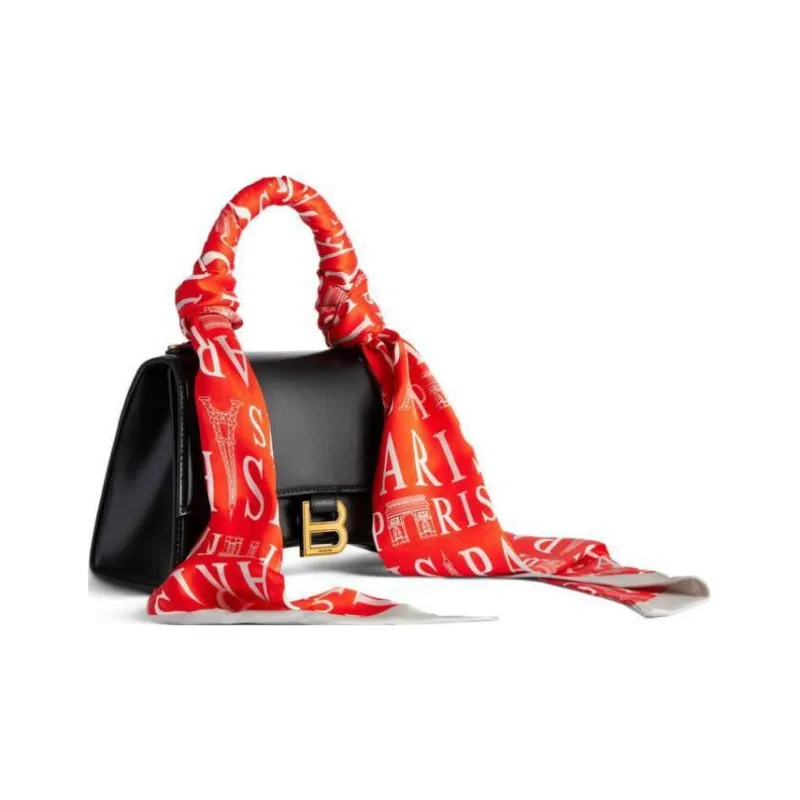 Balenciaga Hourglass Calfskin With Silk Shoulder Bag Crossbody Bag Handbag Small Size Women's Red & Black-2