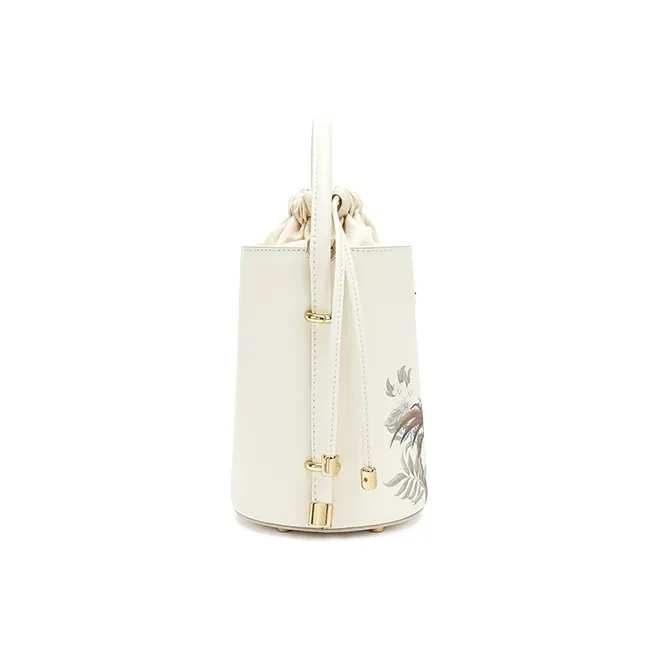 Ancient Yi Xi Cow Leather Drawstring Design Closure, Handbag, Crossbody Bag, Shoulder Bag Women's Tea Moon White-3