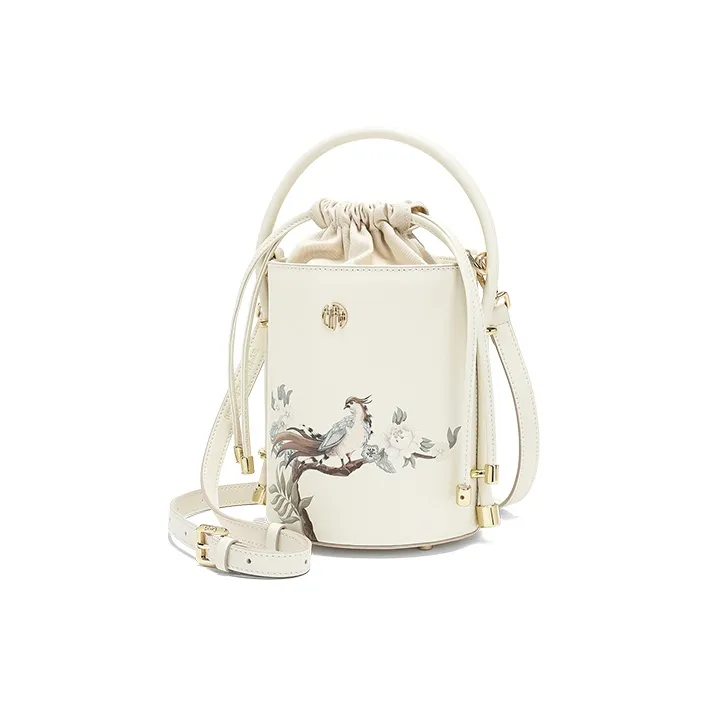 Ancient Yi Xi Cow Leather Drawstring Design Closure, Handbag, Crossbody Bag, Shoulder Bag Women's Tea Moon White-1