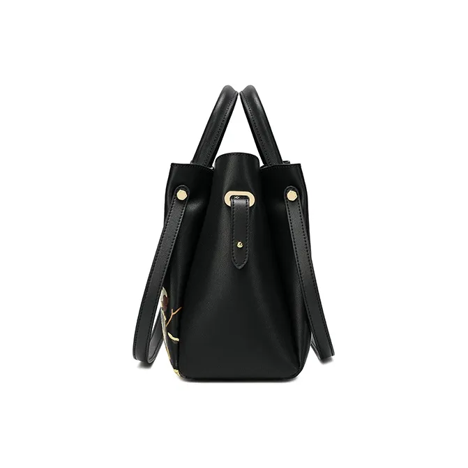 Ancient Yi Xi Cow Leather Vintage Print One Shoulder Grandma Handbag Women's Black-2