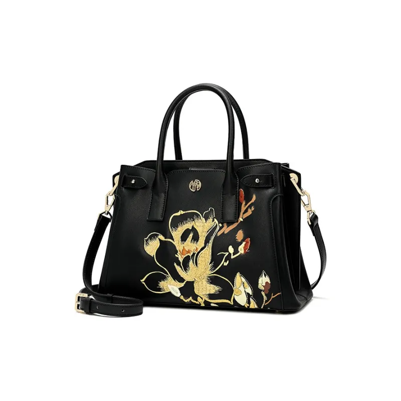 Ancient Yi Xi Cow Leather One Shoulder Handbag Women's Black-1