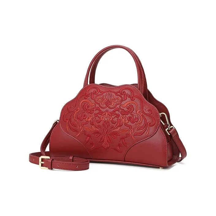Ancient Yi Xi Cow Leather Casual Niche One Shoulder Handbag Women's Peony Red-1