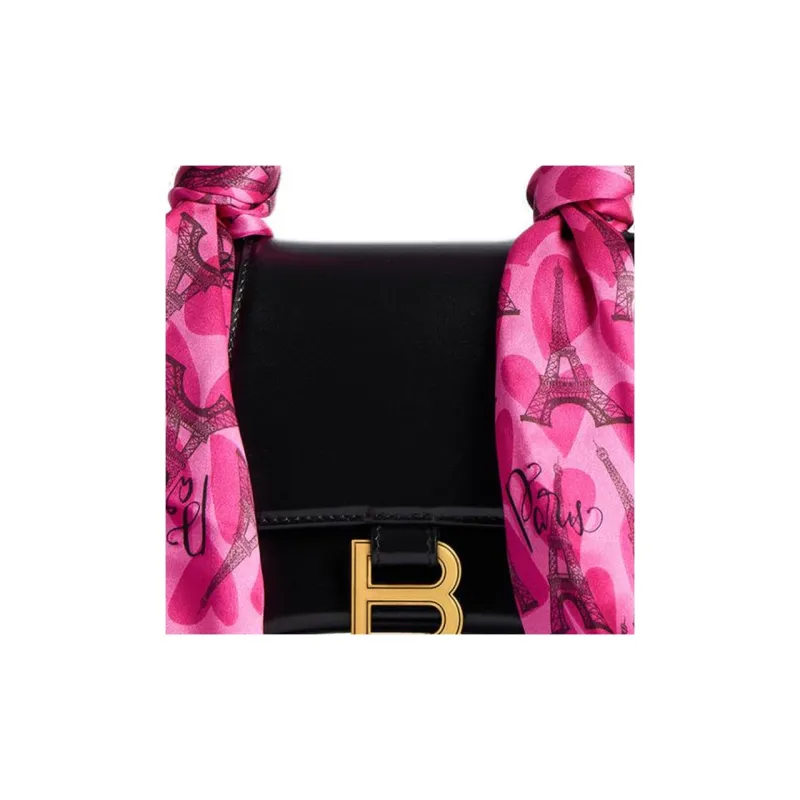 Balenciaga Hourglass Calfskin With Silk Shoulder Bag Crossbody Bag Handbag Small Size Women's Pink & Black-5