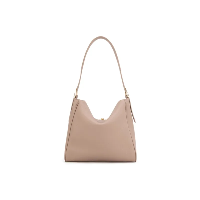 ELLE Top Grain Cow Leather Shoulder Bag Large Size Women's Light Gray/Black-2