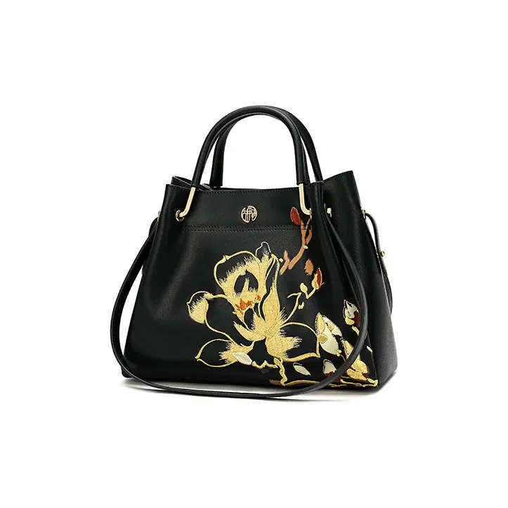 Ancient Yi Xi Cow Leather Vintage Print One Shoulder Grandma Handbag Women's Black-1