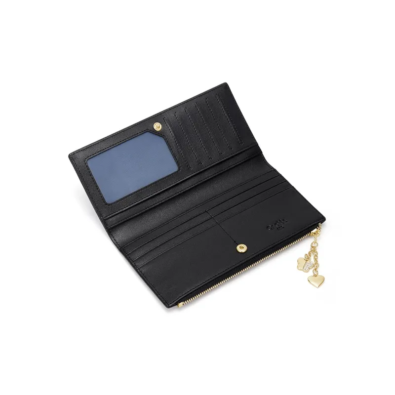 CNOLES Cow Leather Clutches Card Holder Wallet Women's Black-3