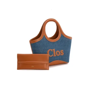 Clos Top Grain Cow Leather Patchwork Denim Color Blocking Commute Tote Shoulder Handbag Small Size Unisex Denim Blue