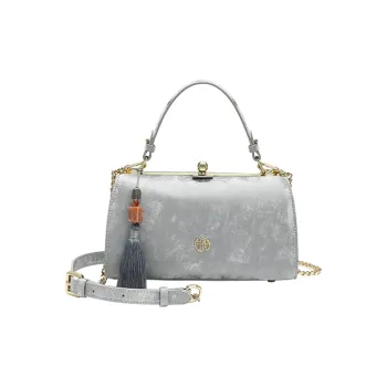 Ancient Yi Xi Cow Leather Metal Lock Closure, Handbag With Handle, Crossbody One Shoulder Handbag Women's Frost Silver