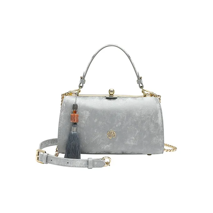 Ancient Yi Xi Cow Leather Metal Lock Closure, Handbag With Handle, Crossbody One Shoulder Handbag Women's Frost Silver-0