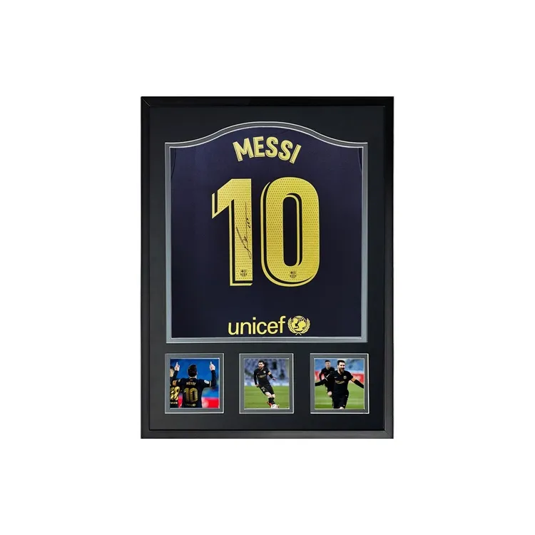 Three For Messi 20-21 Barça Signed Soccer Apparel Jersey Barcelona Away Framed With Certificate Of Authenticity-0