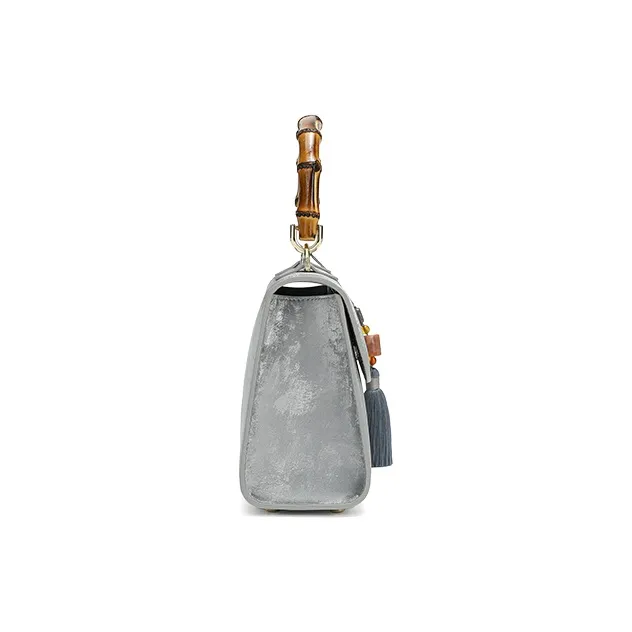 Ancient Yi Xi Cow Leather Niche Suede Cheongsam Shoulder Bag, Crossbody Bag, Handbag Women's Frost Silver-3
