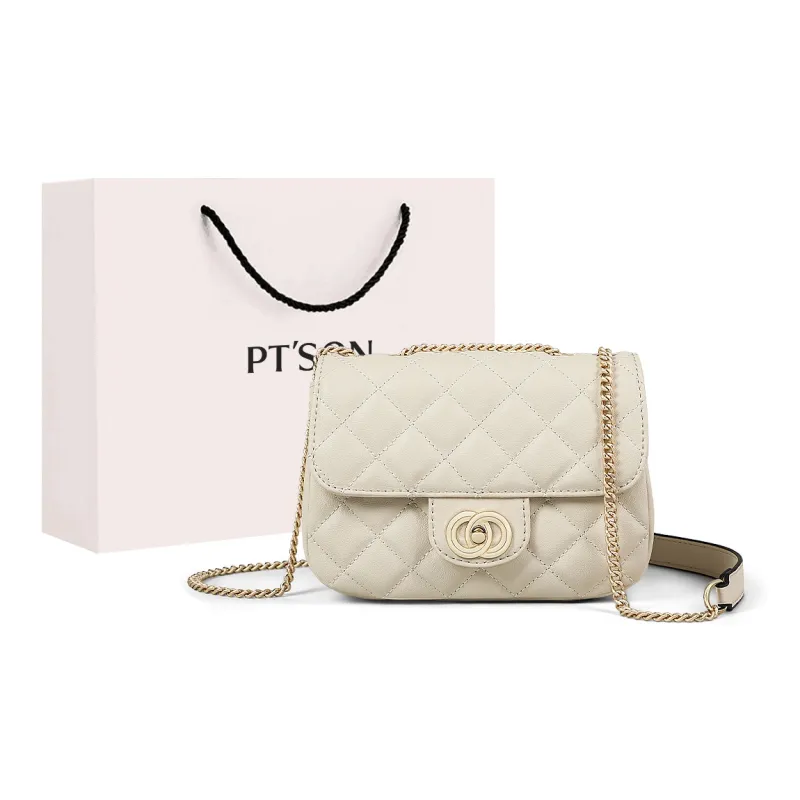 PT'SON Cow Leather With Synthetic Leather Small Square Bag, Crossbody Bag, Shoulder Bag Women's Ecru-0