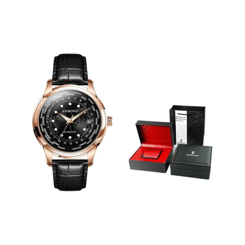 RENOVO Star Collection Mechanical Movement Leather Watch Bands Watch Men's Watches Black Dial-8