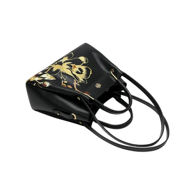 Ancient Yi Xi Cow Leather Vintage Print One Shoulder Grandma Handbag Women's Black-4
