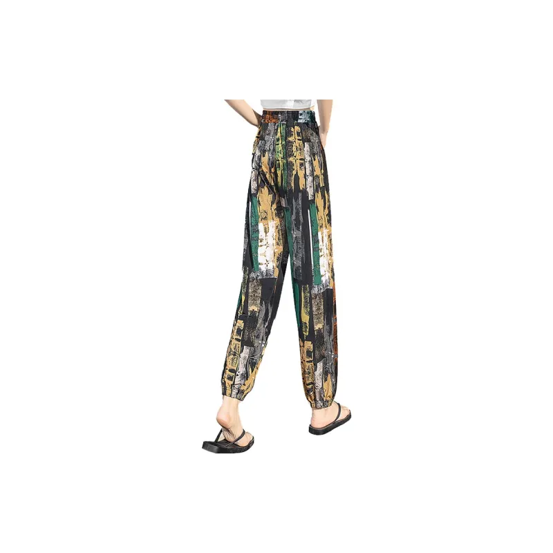 Cypress House Casual Pants Women's Black With Yellow Green Pattern-1