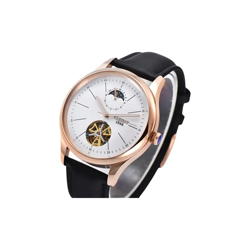 KUERST Automatic Mechanical Movement Cow Leather Strap Watch Unisex White Dial-10