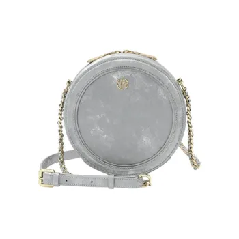 Ancient Yi Xi Cow Leather Small Round Bag, Handbag, Shoulder Bag, Crossbody Bag Women's Frost Silver