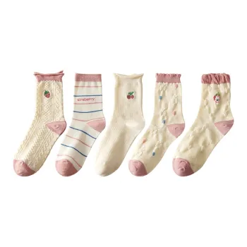 MADALLO Mid-Calf Socks Women's 5 Pack Pink Folded Strawberry