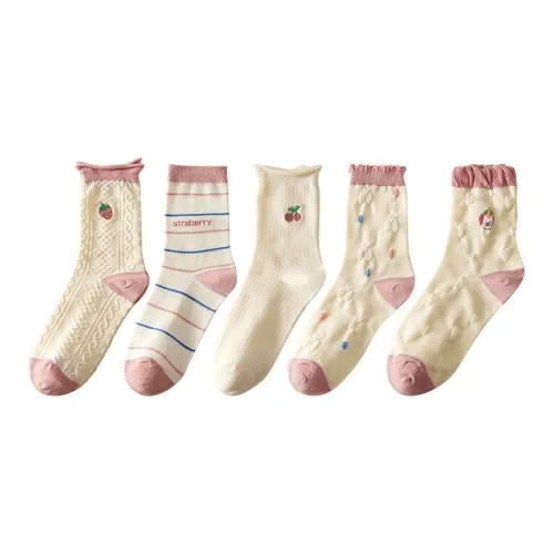 MADALLO Mid Calf Socks Women's 5 Pack Pink Folded Strawberry