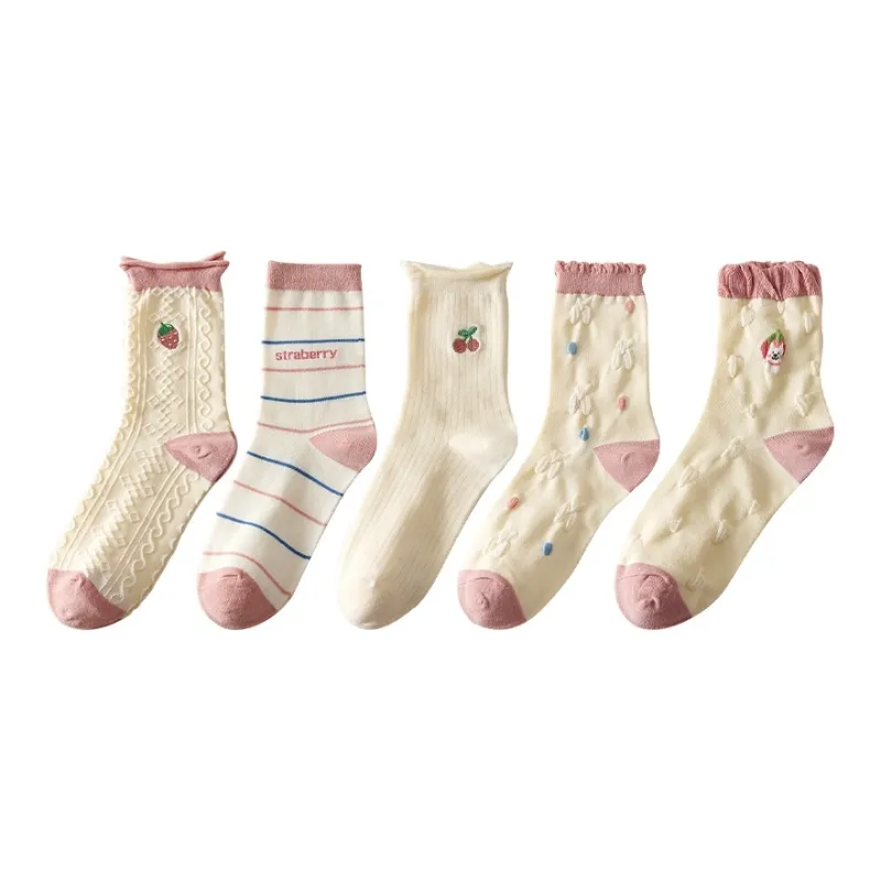 MADALLO Mid Calf Socks Women's 5 Pack Pink Series Cuffed Strawberry-0