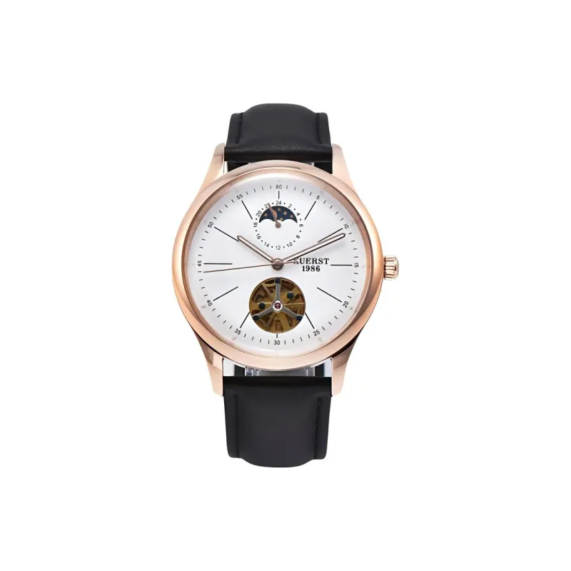 KUERST Automatic Mechanical Movement Cow Leather Strap Watch Unisex White Dial-8