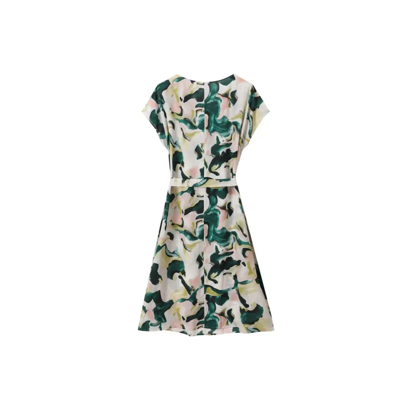 H-YXIANG Short-Sleeved Dresses Women's White Base With Green Ripple Pattern With Belts-1