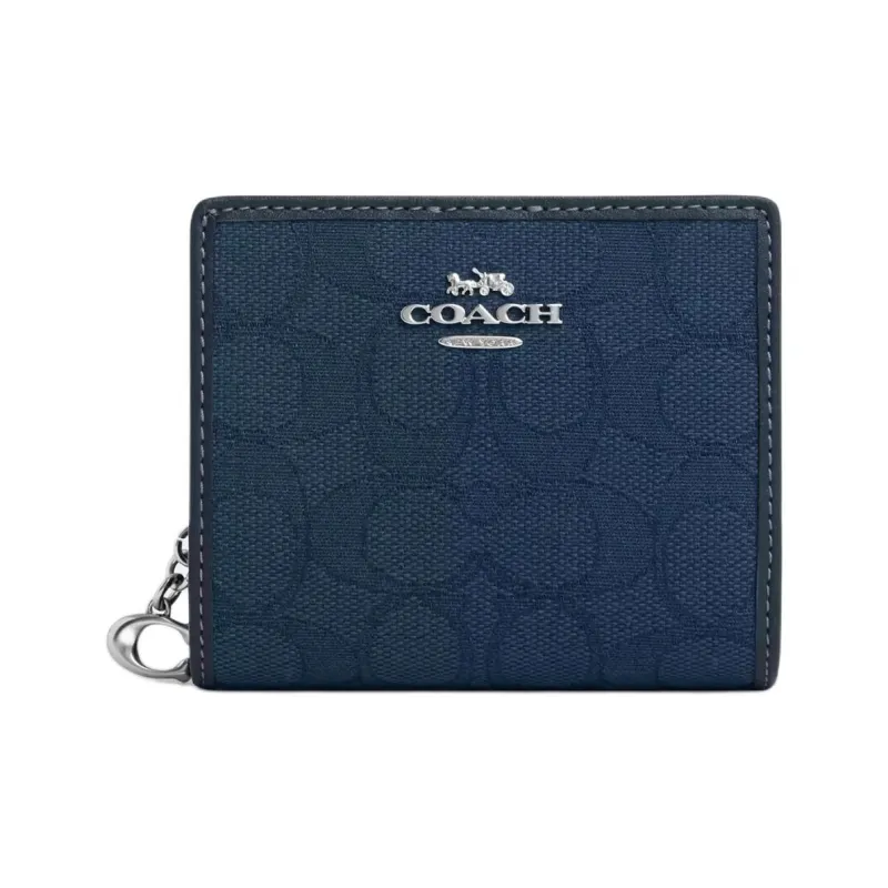 COACH Snap Wallet Cow Leather, Textile Wallet Mini Women's Silver With Dark Denim-0