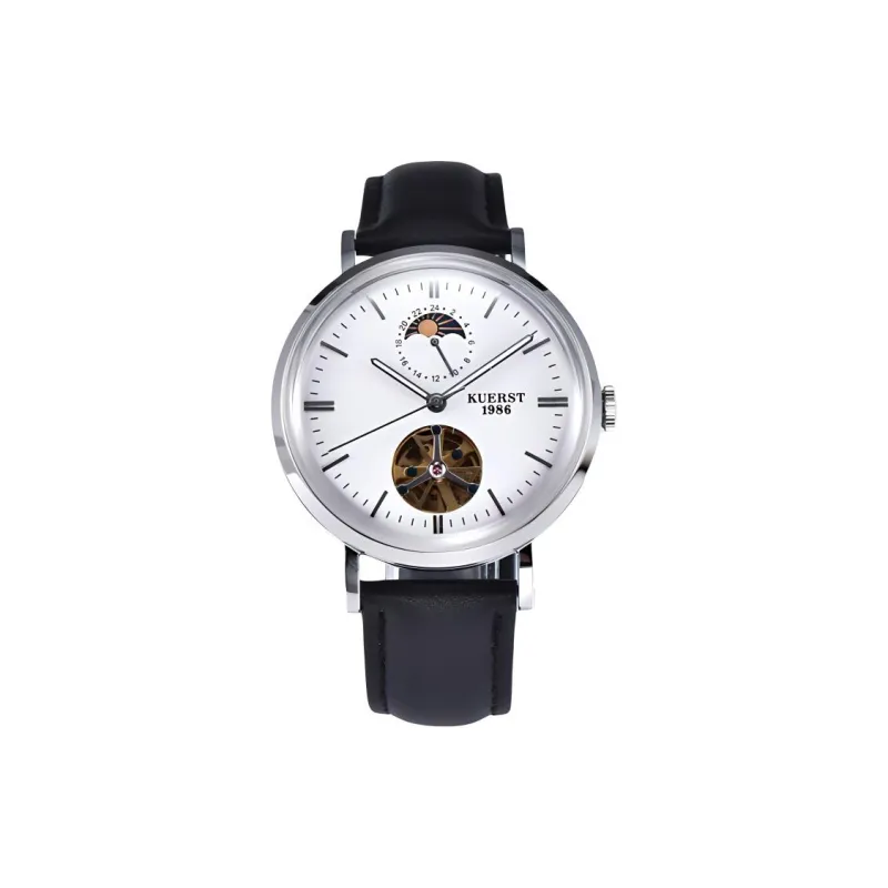 KUERST Automatic Mechanical Movement Cow Leather Strap Watch Unisex White Dial-0