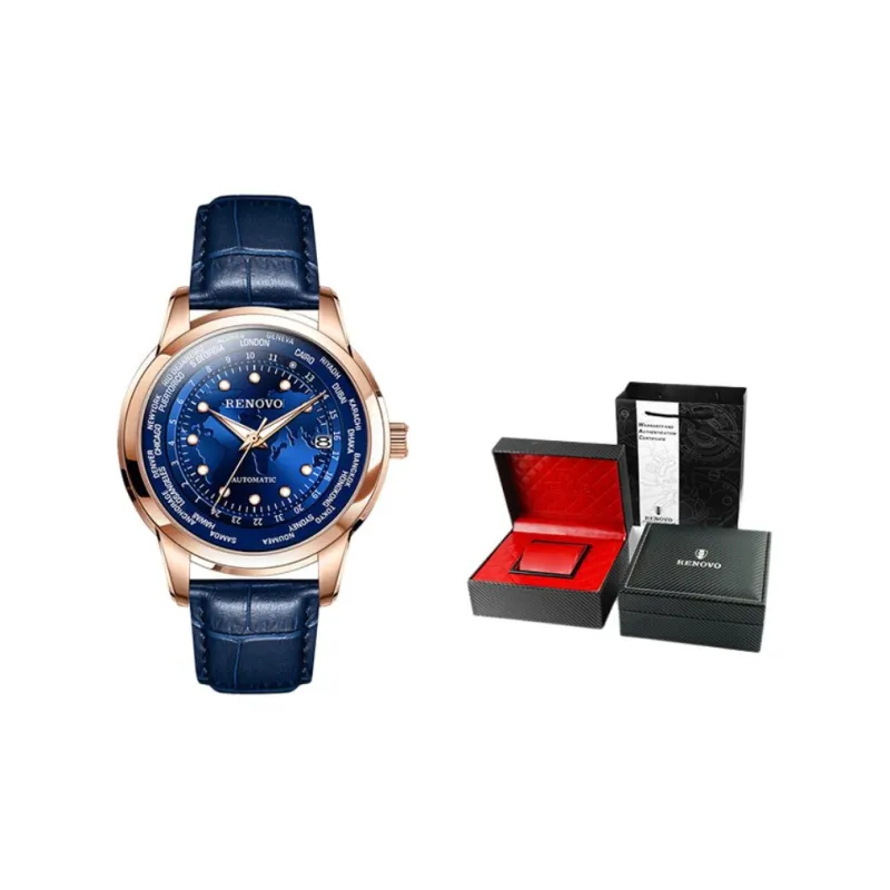 RENOVO Star Collection Mechanical Movement Leather Watch Bands Watch Men's Watches Black Dial-12