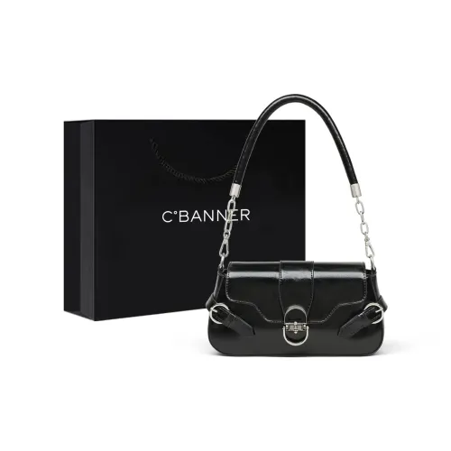 C°BANNER Cow Leather With Synthetic Leather Underarm One Shoulder Crossbody Small Square Bag Women's Black