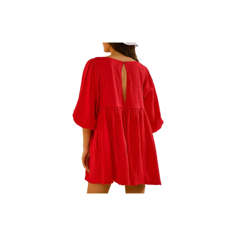 FREE PEOPLE Get Obsessed Babydoll Dress Long-Sleeved Dresses Women's Barbados Cherry Red-1