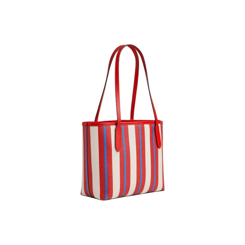 COACH City Coated Canvas With Smooth Leather Tote Bag Shopping Bag Shoulder Bag Handbag Medium Size Women's Red & Blue-1