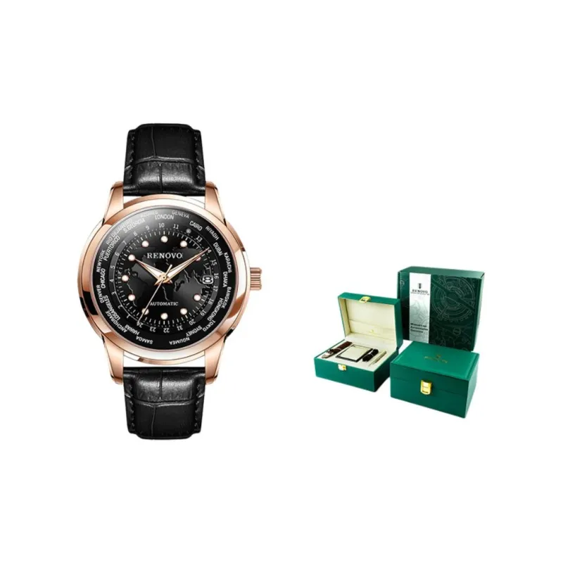 RENOVO Star Collection Mechanical Movement Leather Watch Bands Watch Men's Watches Black Dial-16