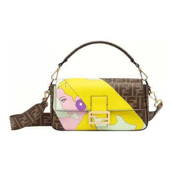 FENDI Baguette Cotton With Cow Leather Portable Crossbody Bag, Shoulder Bag Medium Size Women's Brown/Multicolor