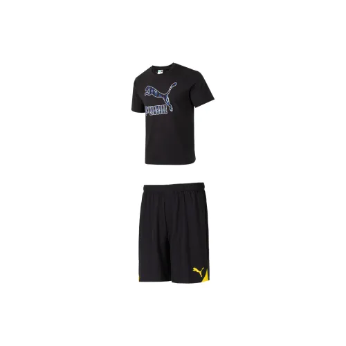 PUMA Casual Sportswear Men Set Black Tops+Black/Yellow Shorts