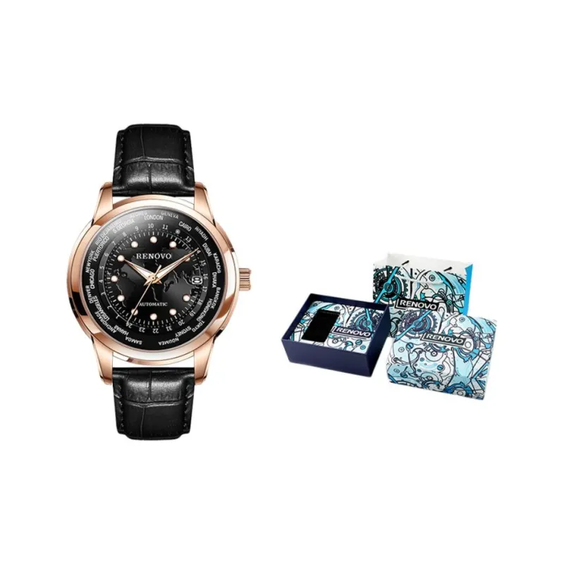 RENOVO Star Collection Mechanical Movement Leather Watch Bands Watch Men's Watches Black Dial-0