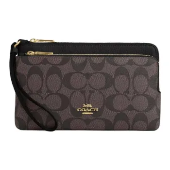 COACH Signature Coated Canvas With Refined Pebbled Leather Clutches Wallets Small Size Women's Gold & Brown Black