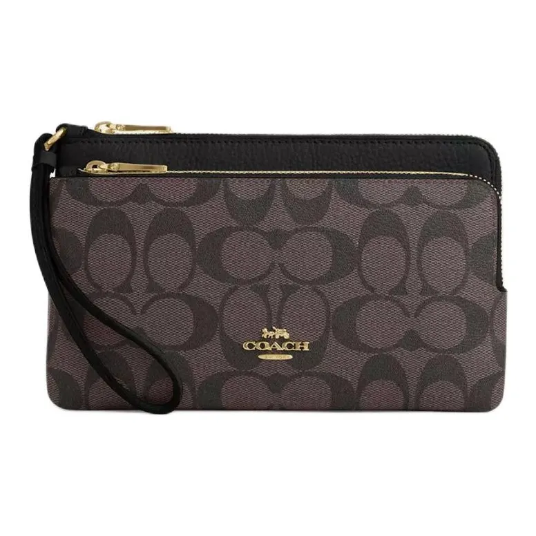COACH Signature Coated Canvas With Refined Pebbled Leather Clutches Wallets Small Size Women's Gold & Brown Black-0